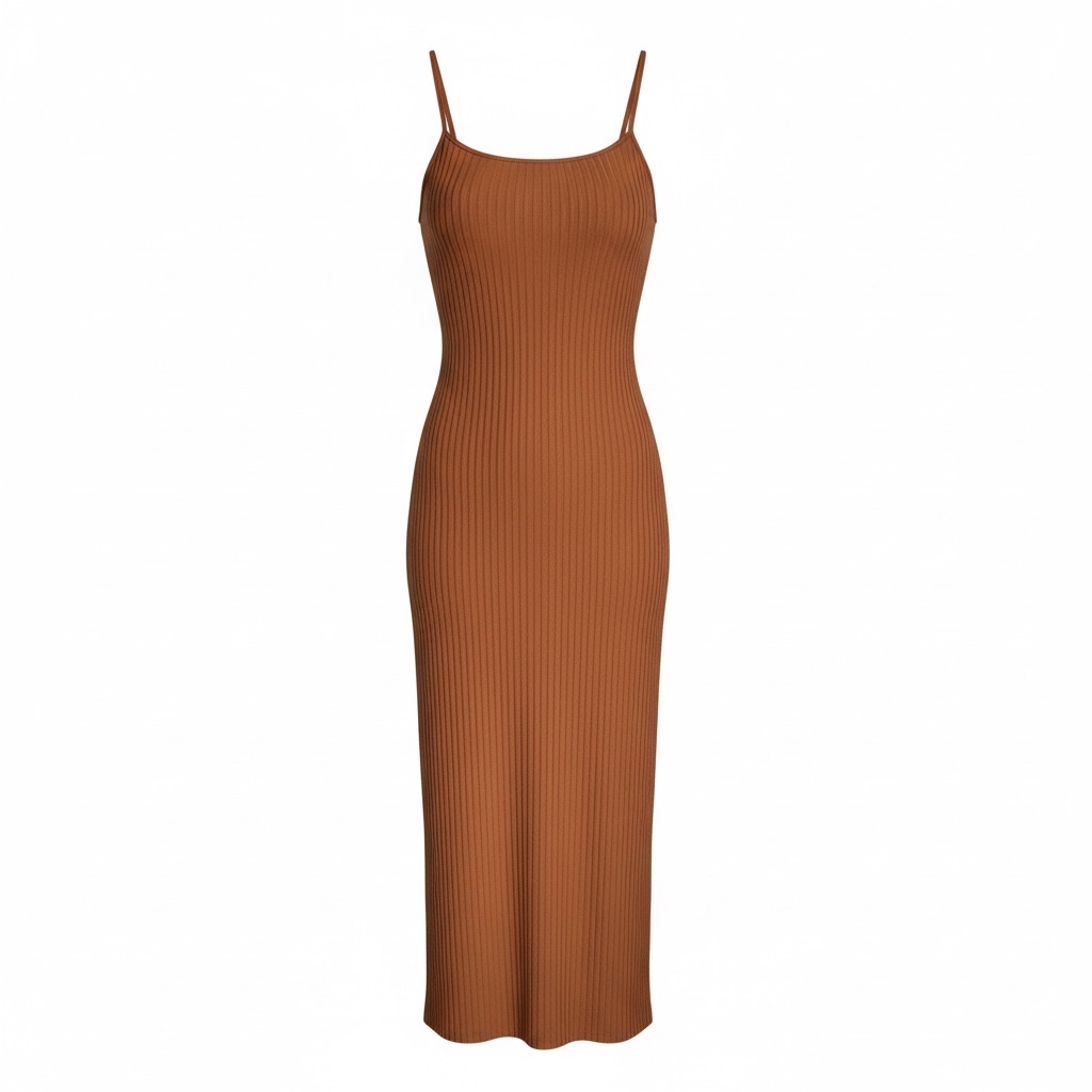 Ribbed Spaghetti Strap Maxi Dress - Brown
